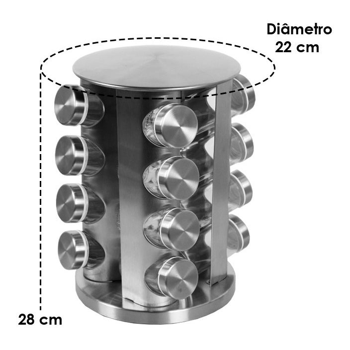 Soporte para condimentos y condimentos - Soporte de cocina giratorio de acero inoxidable con 16 recipientes de vidrio